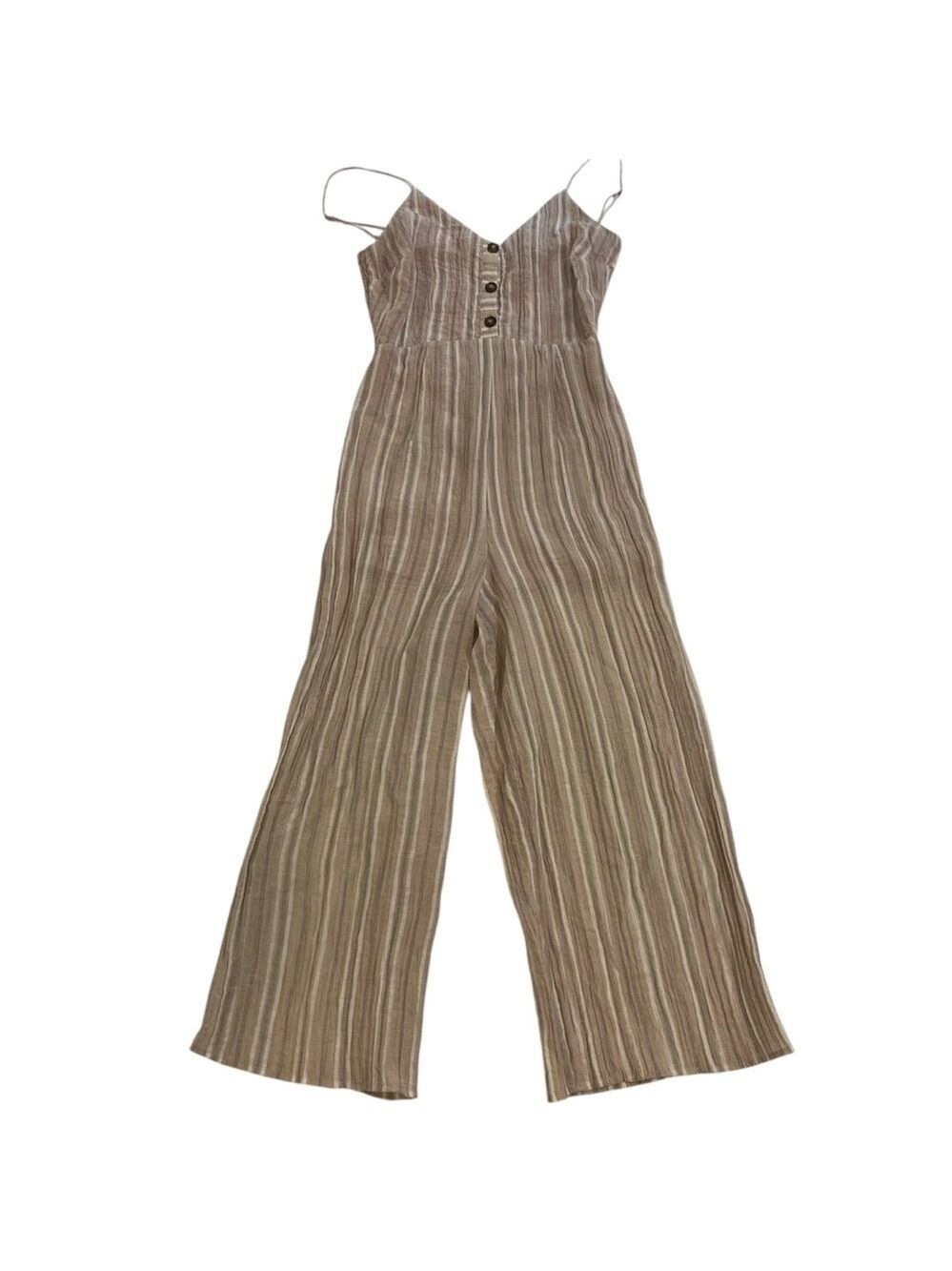 Sienna Sky striped tan beige jumpsuit wide legs smock ajustable spaghetti straps
